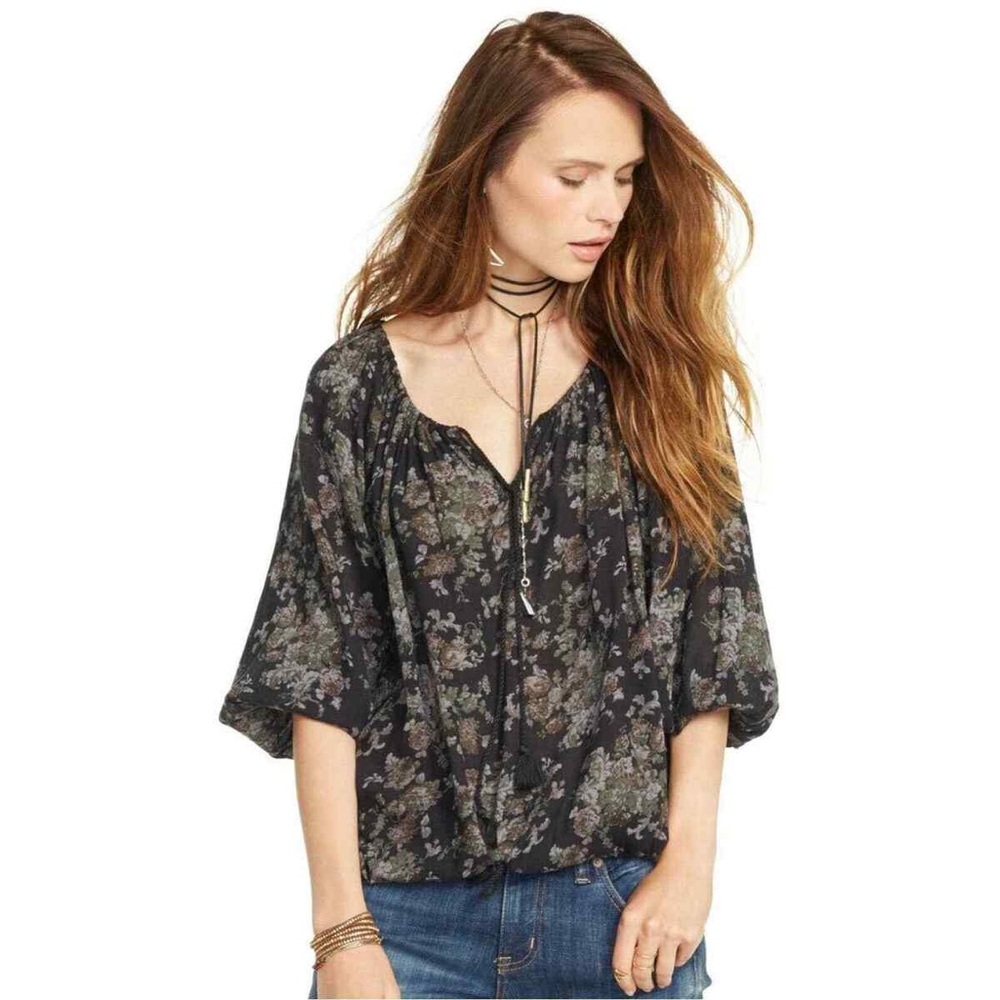 Denim & Supply Ralph Lauren Peasant Blouse S Black Floral Neutral Boho Flowy